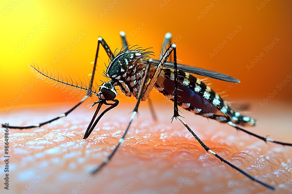 Close up of a mosquito feeding on human skin, a macro shot Close up of a mosquito feeding on human skin, a macro shot