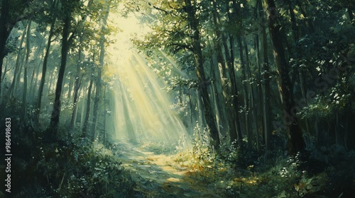 Sunbeams Illuminating a Path Through a Dense Forest