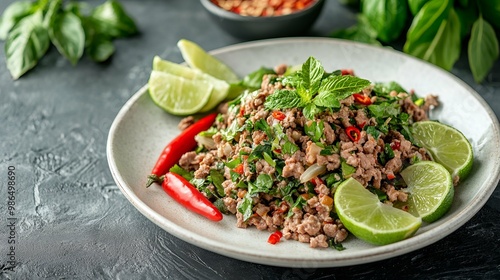 Delicious Thai Larb with Fresh Herbs and Lime.