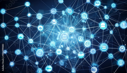 Abstract network of glowing blue lines connecting white icons.