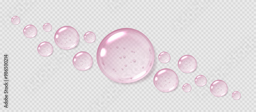 Pink serum drops, transparent gel droplets, realistic glossy liquid, moisturizing cosmetic product, hyaluronic acid concept. Vector illustration.