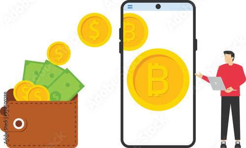 Concept of cryptocurrency technology. Bitcoin exchange, mobile banking. Hand holds phone with send bitcoins and wallet with arrives money on worlds map background. Vector modern flat illustration.

