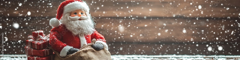 santa claus toy with a bag of gifts on a wooden background with snow santa claus toy with a bag of gifts on a wooden background with snow