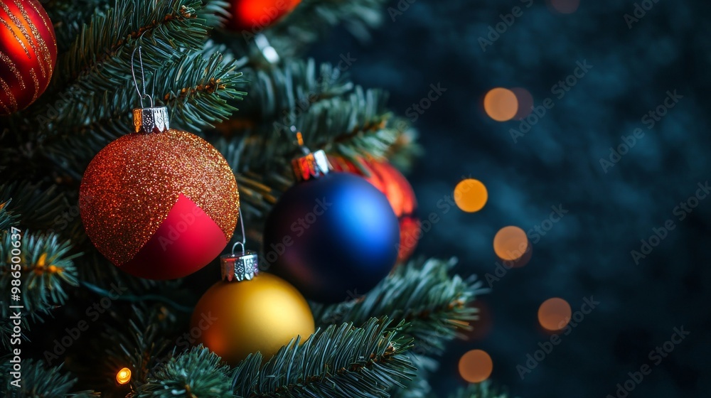 close-up of a christmas tree with colorful ornaments against a dark blue background, featuring a bokeh effect in high-resolution photography capturing the scene in great detail and quality close-up of a christmas tree with colorful ornaments against a dark blue background, featuring a bokeh effect in high-resolution photography capturing the scene in great detail and quality