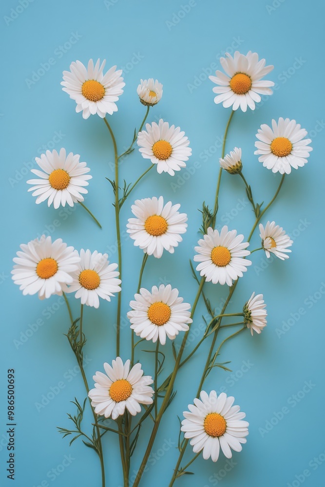A vibrant arrangement of white daisies scattered on a light blue background in springtime A vibrant arrangement of white daisies scattered on a light blue background in springtime