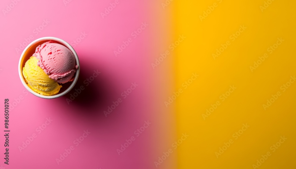 Dual-Scoop Ice Cream in Cup with Pink and Yellow Background Dual-Scoop Ice Cream in Cup with Pink and Yellow Background