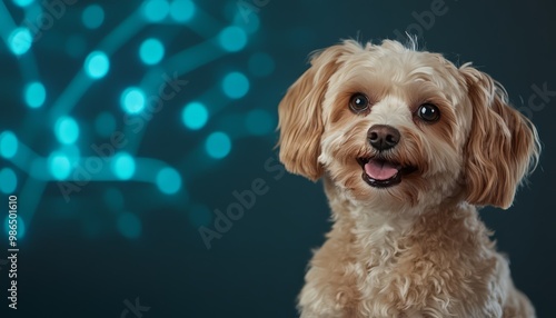 Happy Dog in Front of Abstract Digital Network Background