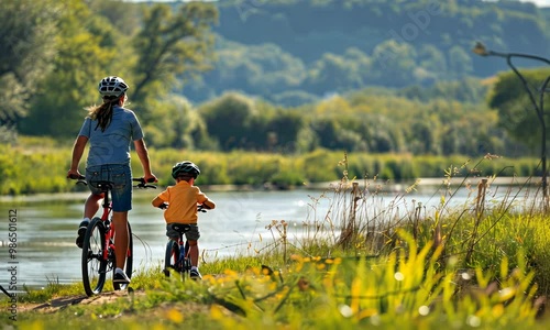A woman and a child are riding bikes along a river 4K Video