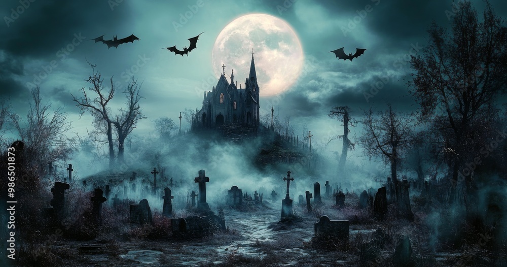 Fototapeta premium Halloween Scene - Graveyard At Moonlight - Contain Unrecognizable, Deformed Church With Reassembled Parts
