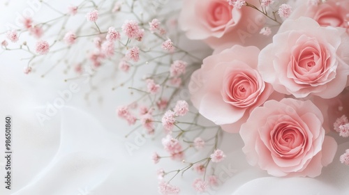 Fototapeta Naklejka Na Ścianę i Meble -  Elegant pink roses with delicate accents against a soft gray background in springtime bloom