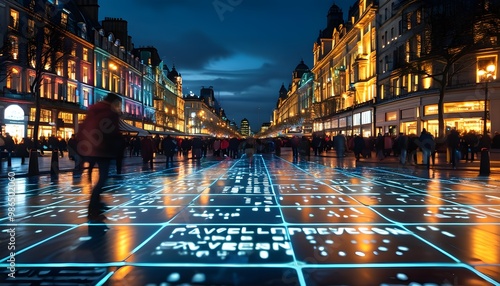 Dynamic evening city square alive with activity, featuring cutting-edge Pavegen technology harnessing kinetic energy from bustling pedestrians photo