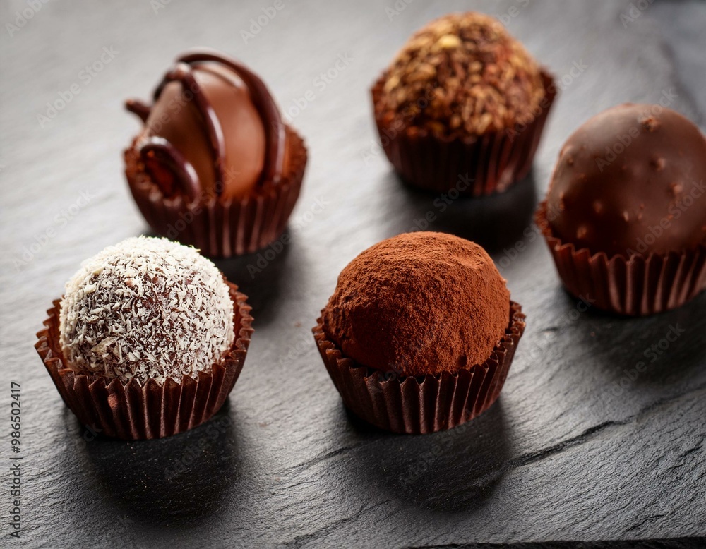 Assortment of decadent chocolate truffles on a slate surface. Assortment of decadent chocolate truffles on a slate surface.