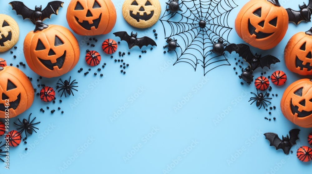 Halloween background with pumpkin cookies spiders and bats top view. Helloween funny objects on blue table with space for greeting text. Hallowen food and decorations flat lay. Fun party concept. Halloween background with pumpkin cookies spiders and bats top view. Helloween funny objects on blue table with space for greeting text. Hallowen food and decorations flat lay. Fun party concept.