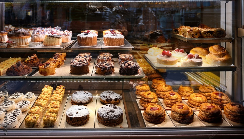 Assortment of delicious cakes and pastries displayed in a bakery showcase. Assortment of delicious cakes and pastries displayed in a bakery showcase.