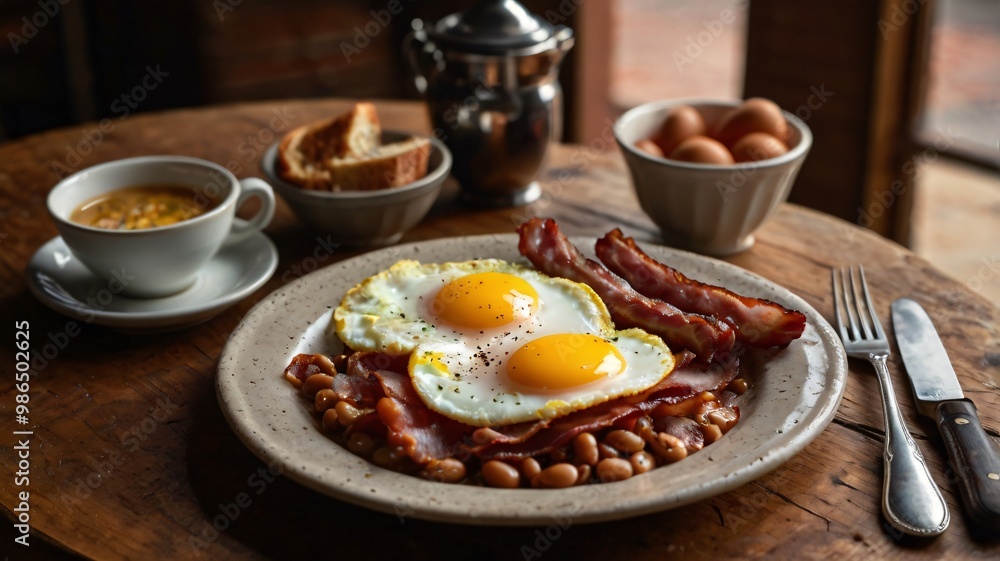 Enjoy a hearty English breakfast featuring crispy bacon, perfectly fried eggs, savory sausage, and baked beans on a rustic wooden table Enjoy a hearty English breakfast featuring crispy bacon, perfectly fried eggs, savory sausage, and baked beans on a rustic wooden table