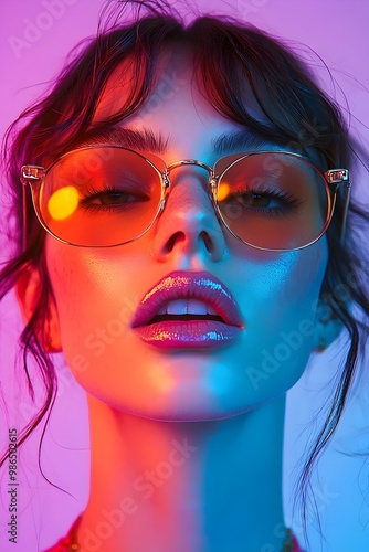 Close-up portrait of a young woman with dark hair wearing round sunglasses, lit in vibrant neon colors.