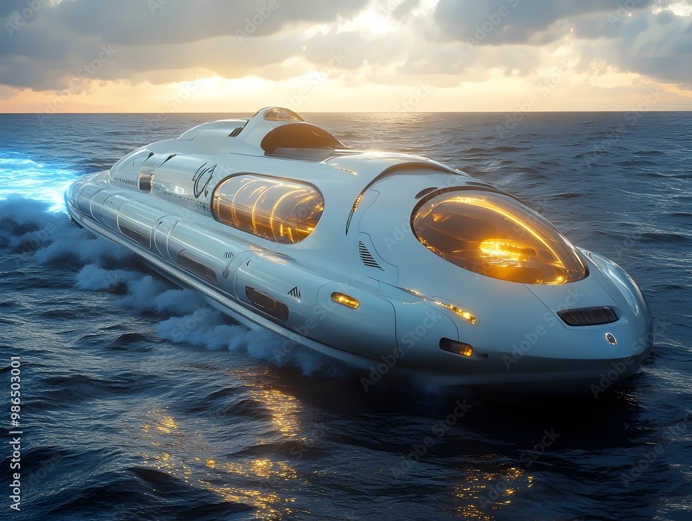 Fototapeta premium Futuristic white speedboat zips across the ocean at sunset, leaving a trail of blue light behind it.