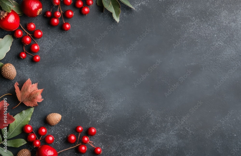 Festive holiday decorations featuring red berries, pinecones, and green foliage on a dark surface Festive holiday decorations featuring red berries, pinecones, and green foliage on a dark surface