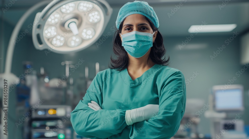 MiddleAged Indian Female Surgeon in Operating Room, Medical Professional Confidence Concept, Healthcare, Hospital Scene