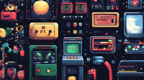 Pixel Art Collage of Arcade Games and Electronics