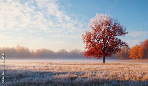 A majestic pink tree stands alone in a serene frosty landscape at dawn