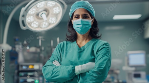 Obraz na płótnie MiddleAged Indian Female Surgeon in Operating Room, Medical Professional Confidence Concept, Healthcare, Hospital Scene w salonie