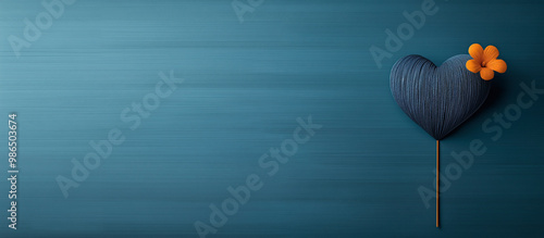 Banner with blue heart and yellow flower on navy blue background. Free space for text. photo