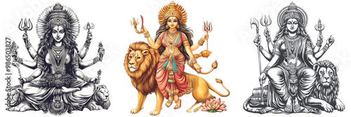Set of goddess durga and lion isolated on a transparent background