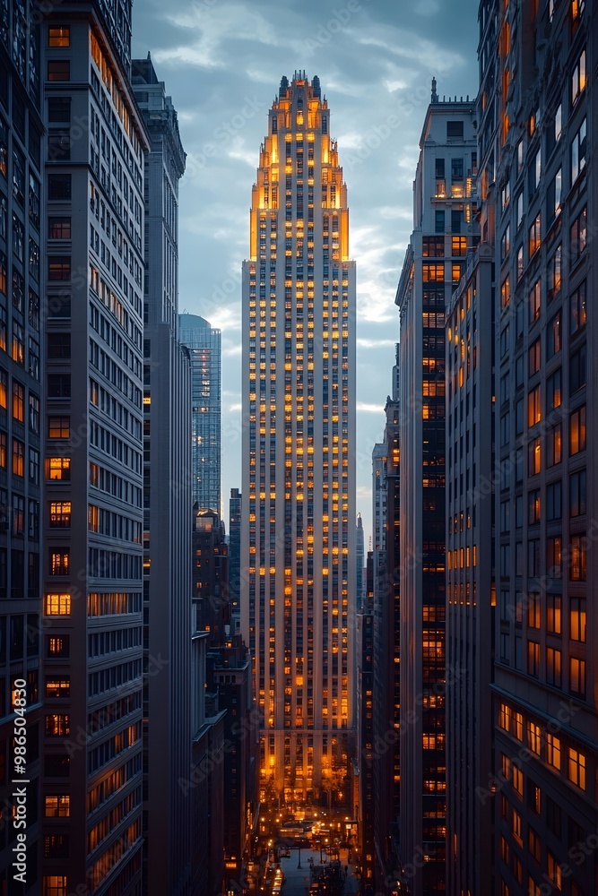 Obraz premium A tall skyscraper stands out amongst the other buildings in this city skyline.