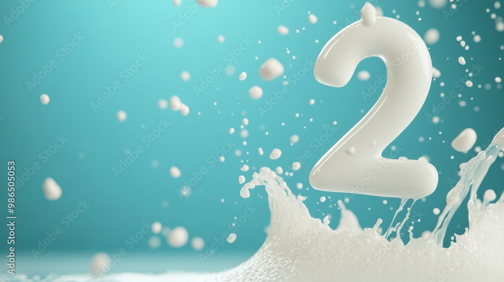 Splashing number two surrounded by milk droplets against a blue background Splashing number two surrounded by milk droplets against a blue background