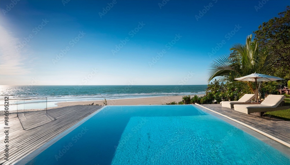 Obraz premium Beach resort with infinity pool overlooking ocean.