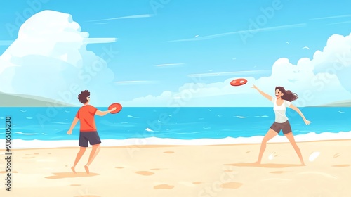 Two people enjoying a sunny beach day playing frisbee, surrounded by water and clouds, conveying joy and leisure.