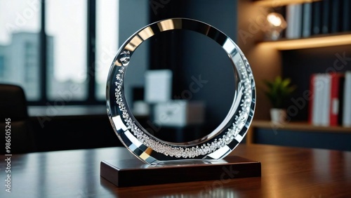 A wooden-base clear acyclic award rests on the office table.
