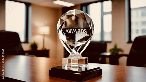 A wooden-base clear acyclic award rests on the office table.
 photo