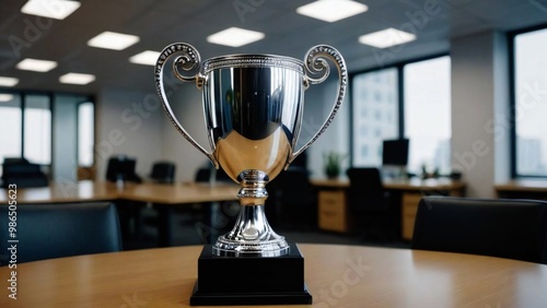 Mock up of a silver cup trophy shown on a table photo