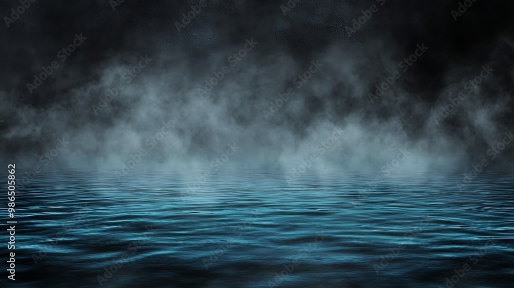 Fototapeta premium Dark Blue Water Surface with Fog and Smoke