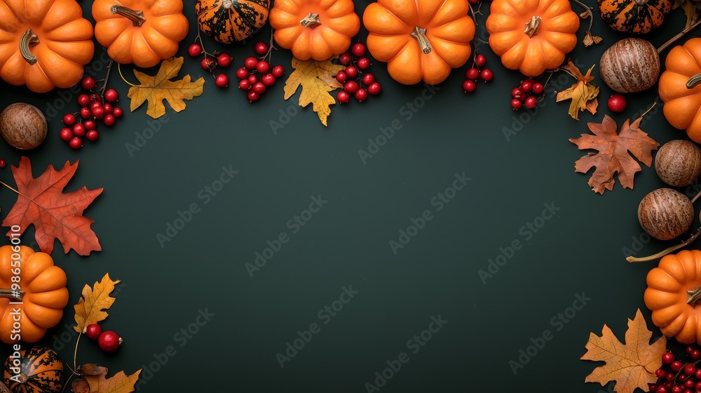 Thanksgiving and Autumn decoration concept made from autumn leaves and pumpkin on dark background. Flat lay top view with copy space. Thanksgiving and Autumn decoration concept made from autumn leaves and pumpkin on dark background. Flat lay top view with copy space.