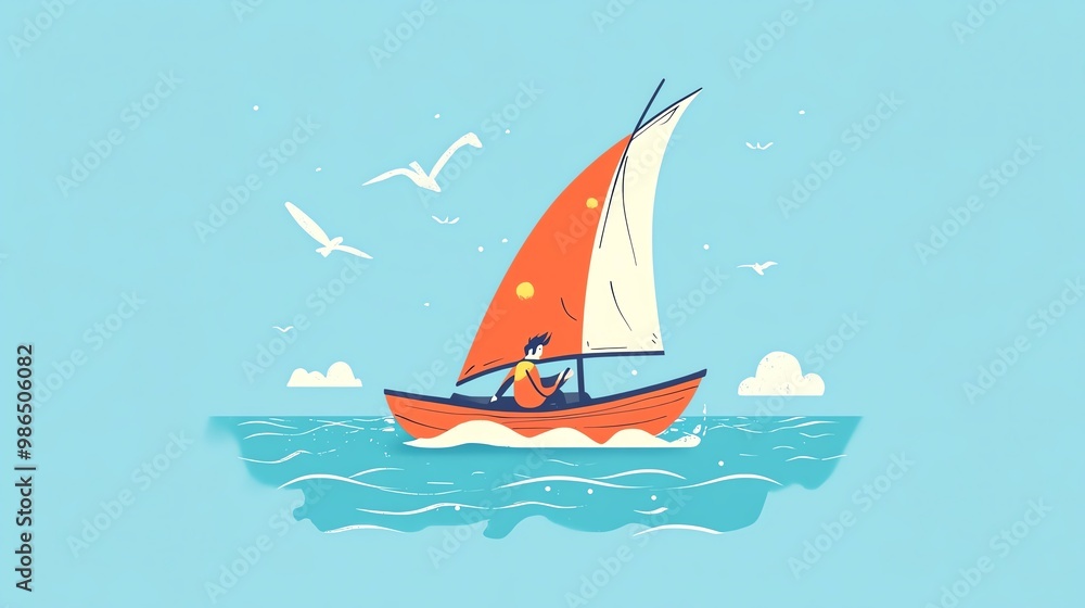Fototapeta premium A joyful sailing scene with a colorful sailboat gliding across calm waters, surrounded by seagulls and a bright sky.