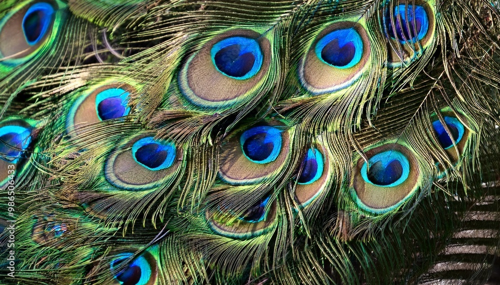 Fototapeta premium Close up of peacock feathers showing iridescent blue and green colors
