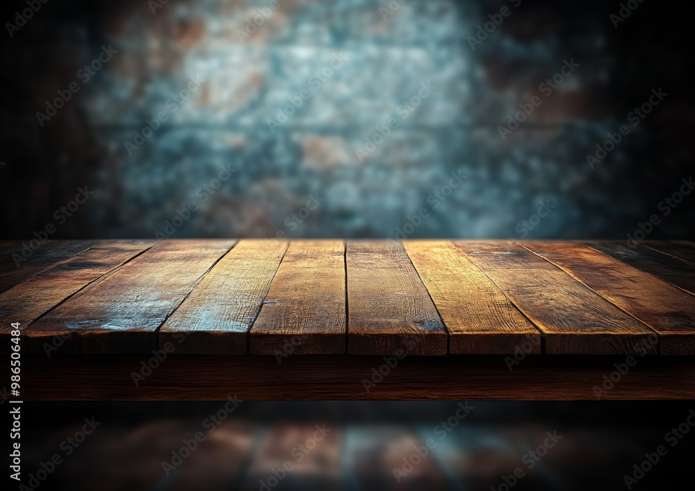 Old wood table with blurred concrete block wall in dark room background. Old wood table with blurred concrete block wall in dark room background.