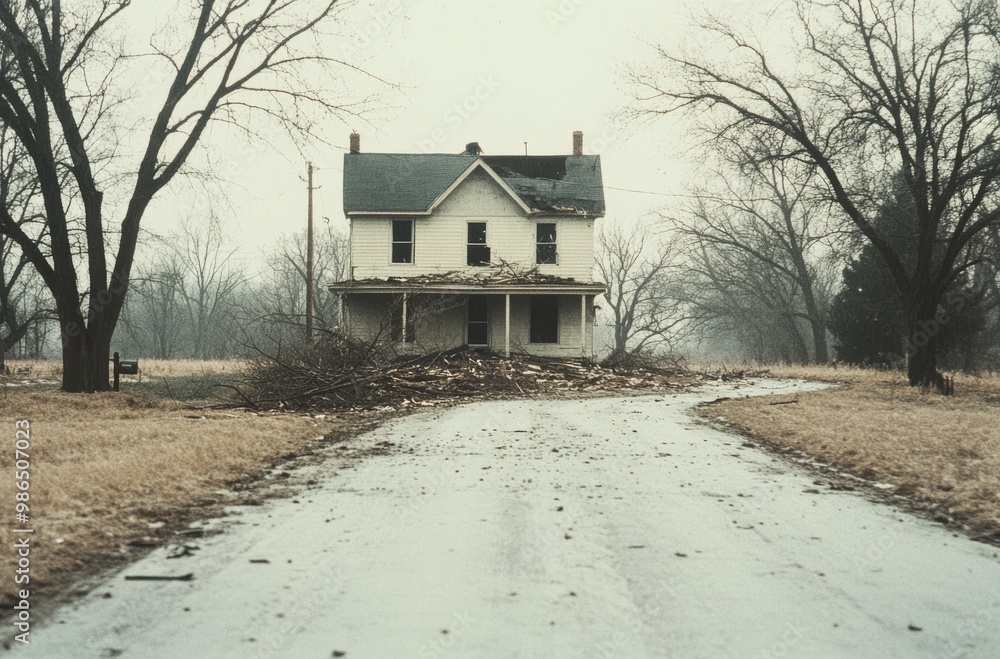 Abandoned house surrounded by debris on a deserted road in a foggy landscape Abandoned house surrounded by debris on a deserted road in a foggy landscape