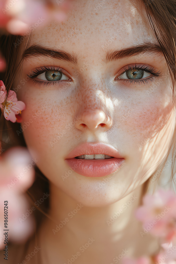 A closeup portrait of a young woman with flawless skin, soft pink makeup, and cherry blossoms in the background A closeup portrait of a young woman with flawless skin, soft pink makeup, and cherry blossoms in the background