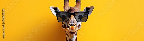 A cool giraffe wearing black sunglasses against a bright yellow background