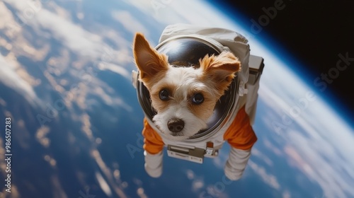 Fototapeta Naklejka Na Ścianę i Meble -  A tiny dog dressed in an adorable spacesuit floats joyfully against the backdrop of Earth, showcasing a whimsical exploration of outer space
