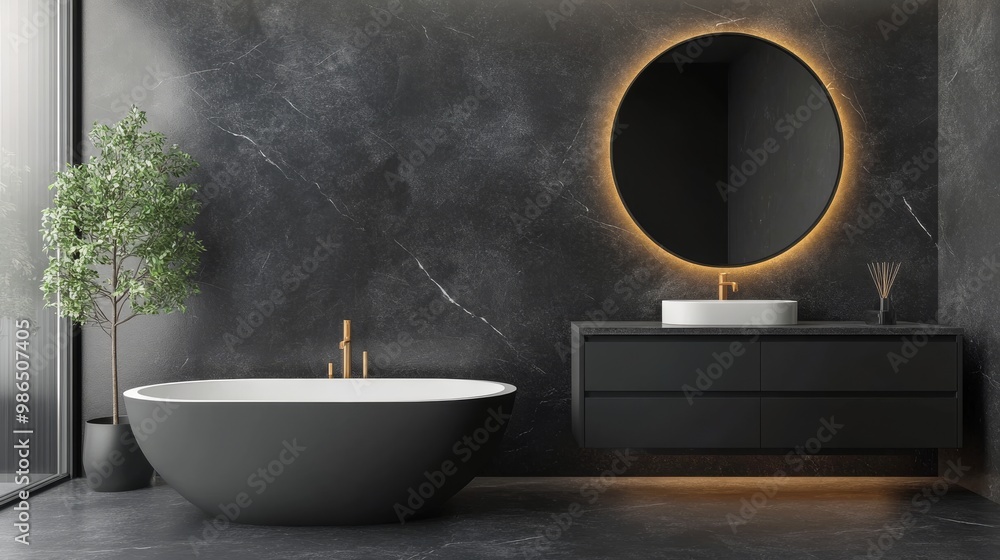 © ArtCookStudio - Modern minimalist bathroom with a freestanding tub and elegant round mirror in natural light