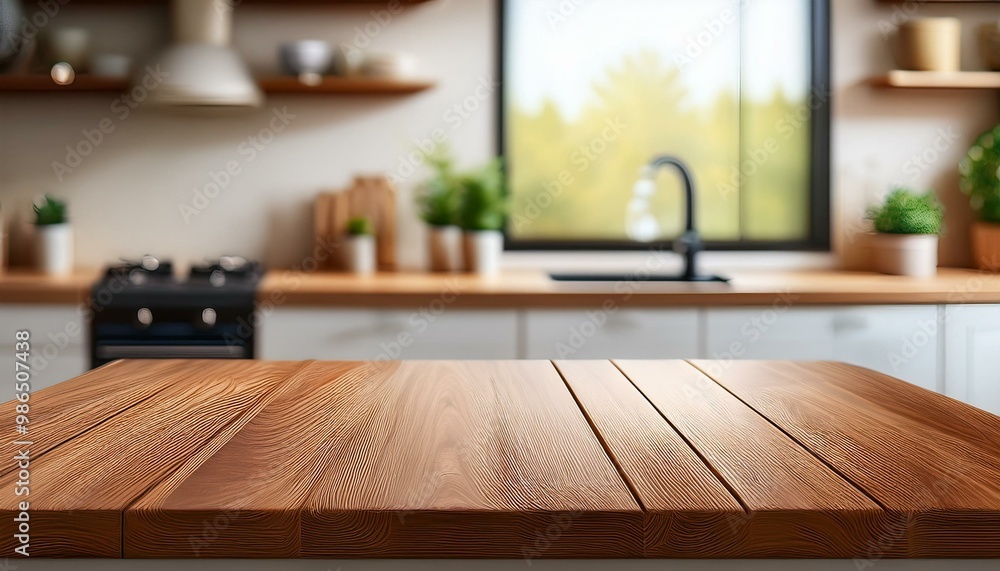 Empty wooden tabletop with blurred kitchen background Empty wooden tabletop with blurred kitchen background