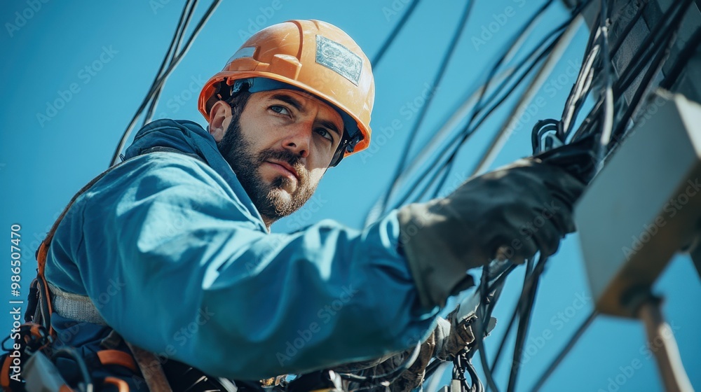 A utility worker carefully navigates electrical wires while performing maintenance on a bright sunny day outdoors A utility worker carefully navigates electrical wires while performing maintenance on a bright sunny day outdoors