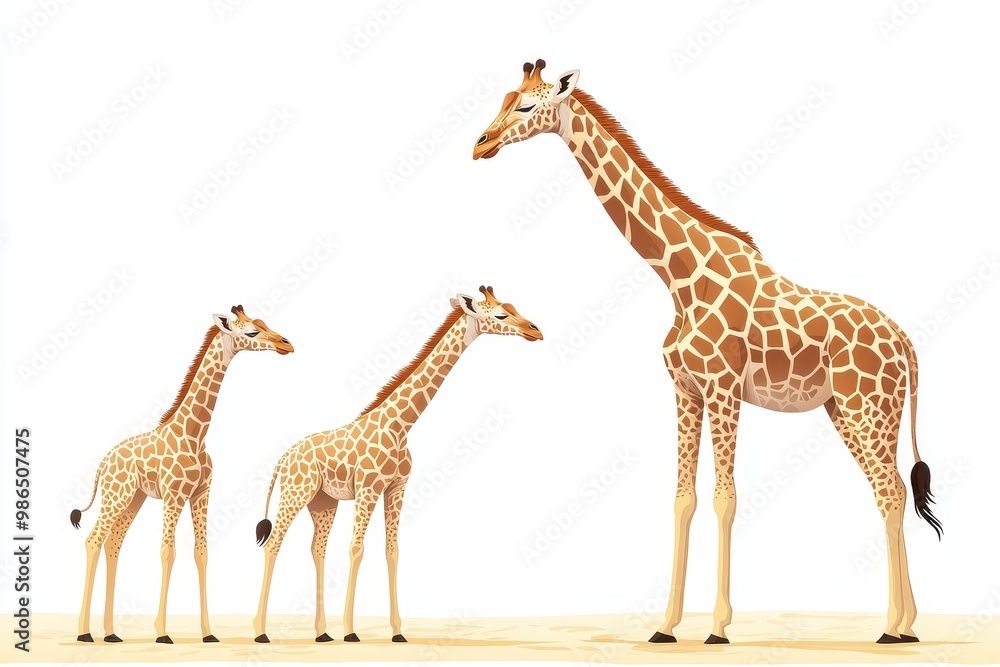 Obraz premium A charming family of giraffes, showcasing the stunning patterns and grace of these majestic creatures in a minimalistic design, white background