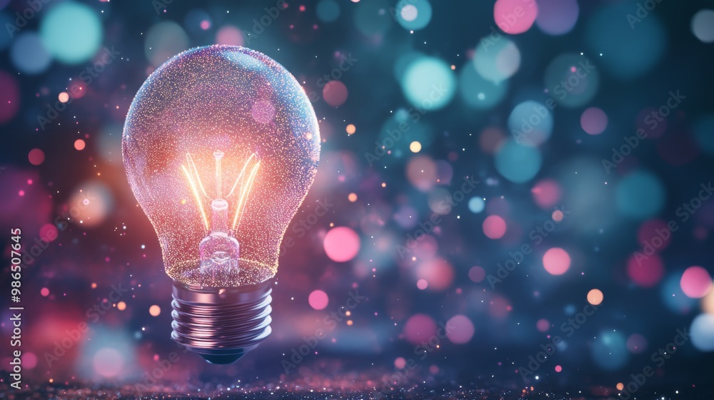 Colorful light bulb glowing against a backdrop of shimmering bokeh during nighttime Colorful light bulb glowing against a backdrop of shimmering bokeh during nighttime