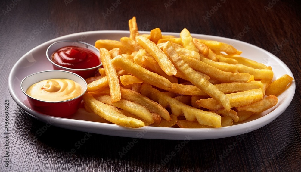 French fries with ketchup and cocktail sauce French fries with ketchup and cocktail sauce